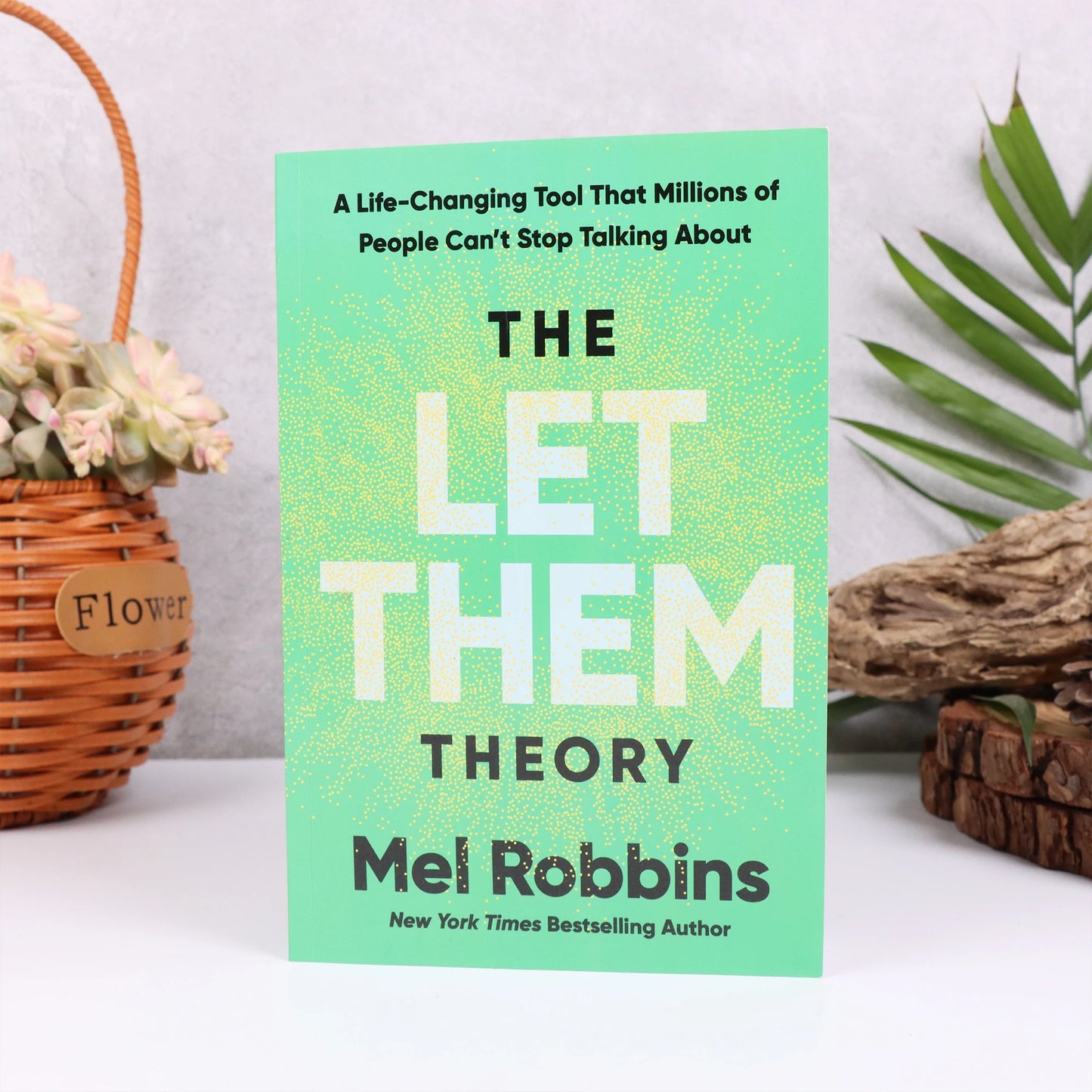 Let Them Theory book Mel Robbins with mint green cover displayed upright on white surface