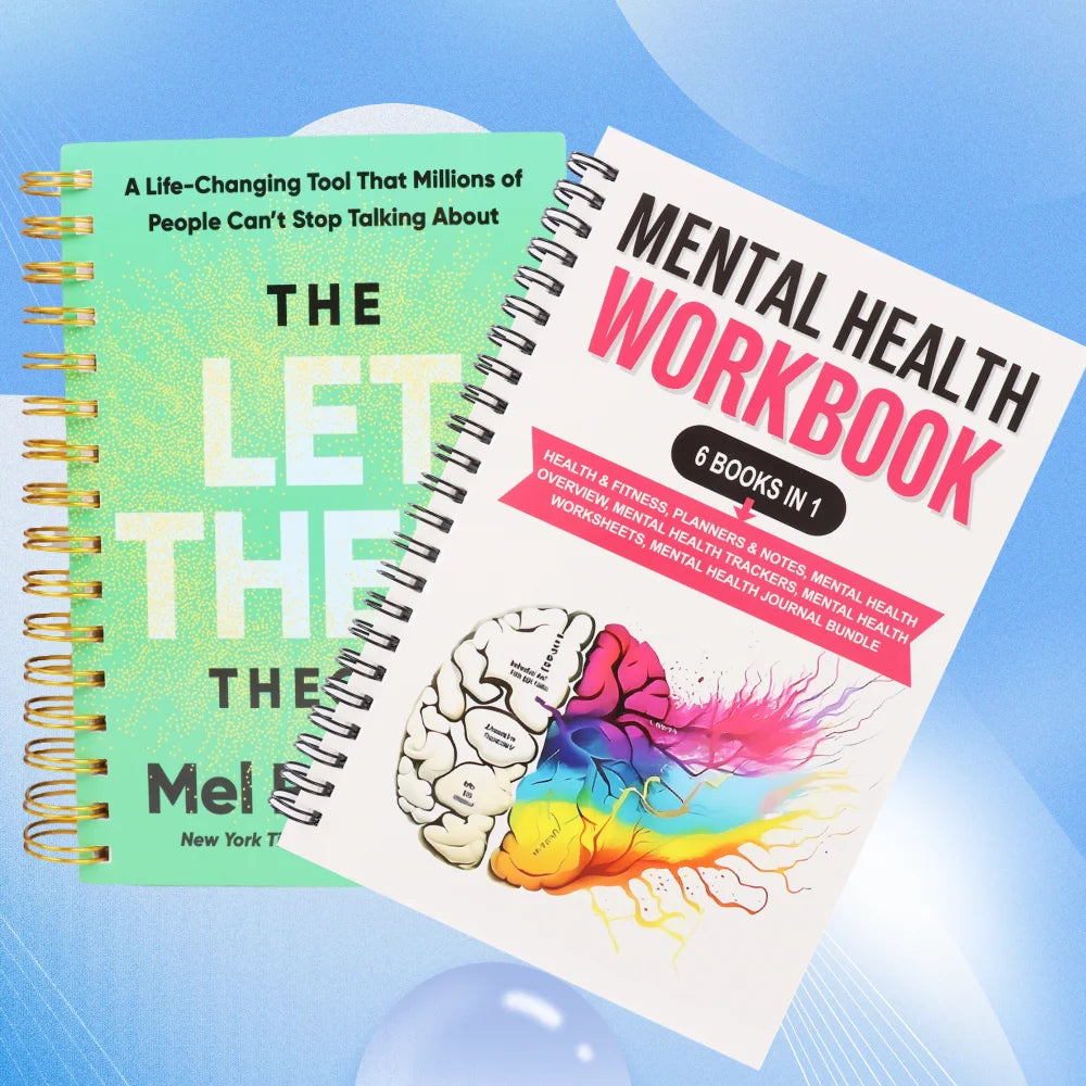 Let Them Theory book Mel Robbins next to a mental health workbook with colorful brain illustration