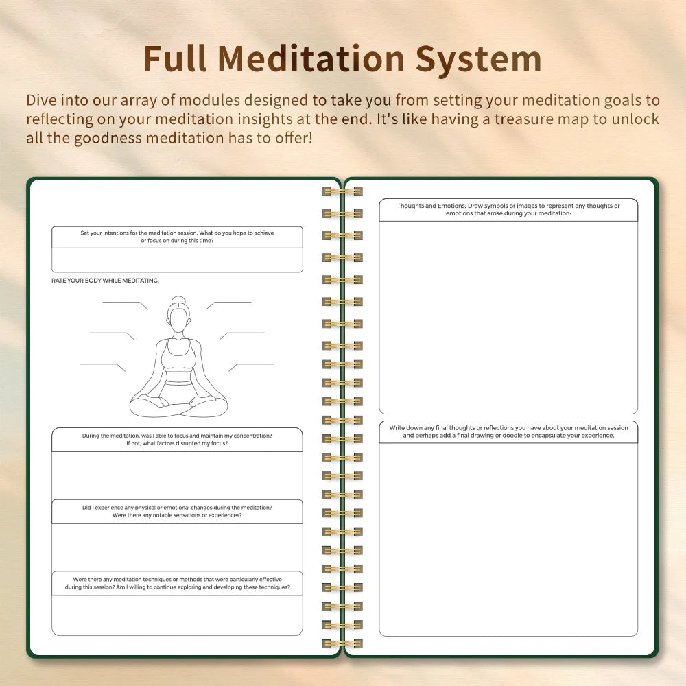 Open meditation journal for mindfulness showing guided prompts and illustrations for mindful meditation practice