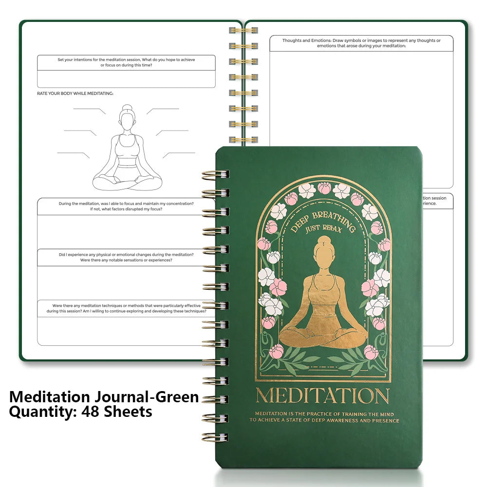 Meditation journal for mindfulness with green cover featuring a meditating figure and 48 sheets of guided prompts