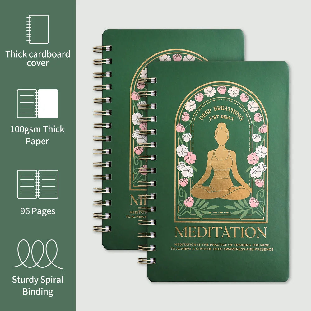 Meditation journal for mindfulness with thick cardboard cover and sturdy spiral binding