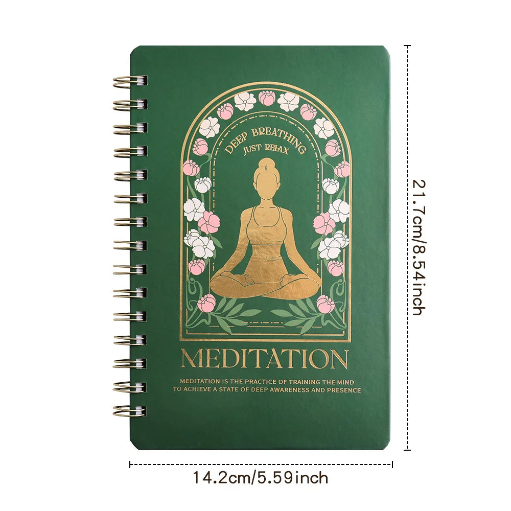 Meditation journal for mindfulness with green cover featuring a seated meditating figure and floral design