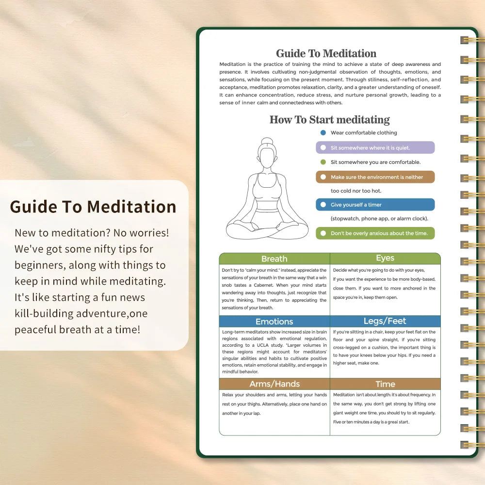 Meditation journal for mindfulness open to a guide on how to start meditating with tips for breath, eyes, and posture