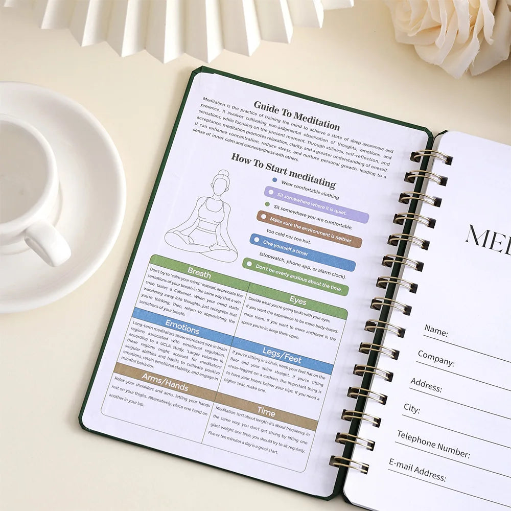 Open meditation journal for mindfulness by Sacred Self Wellness featuring guide to meditation and note-taking pages
