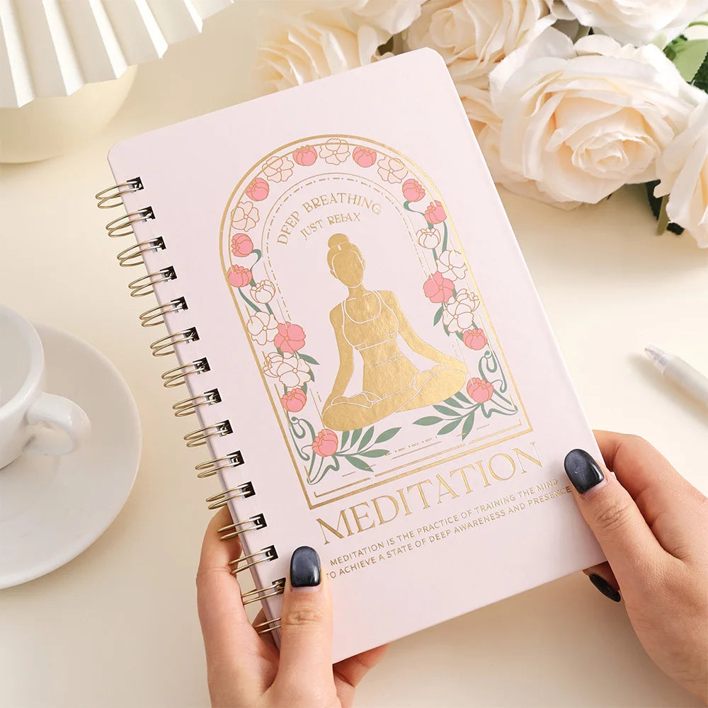 Sacred Self Wellness meditation journal for mindfulness with pink cover and gold lotus design