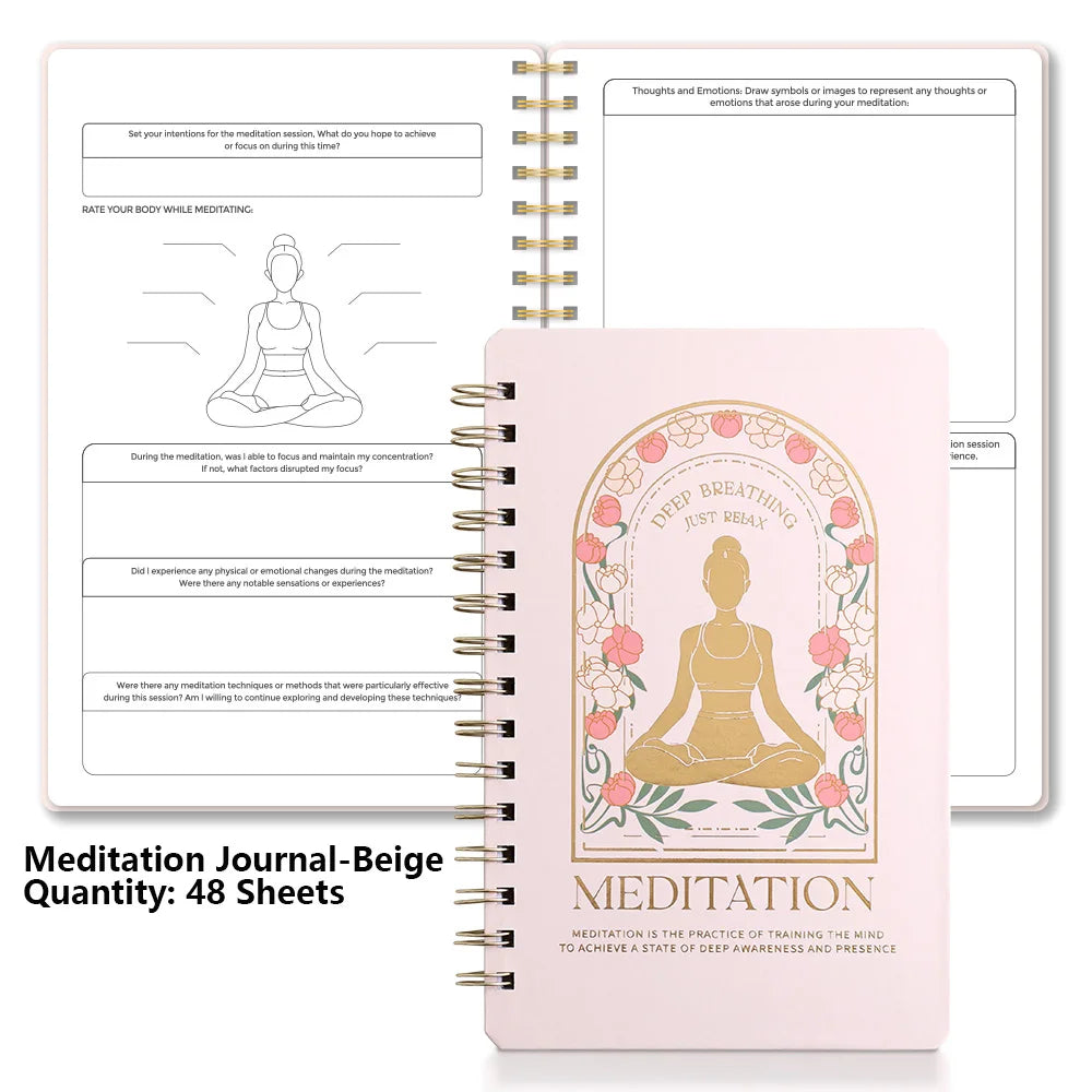 Meditation journal for mindfulness by SACRED SELF WELLNESS in beige with 48 sheets and guided prompts