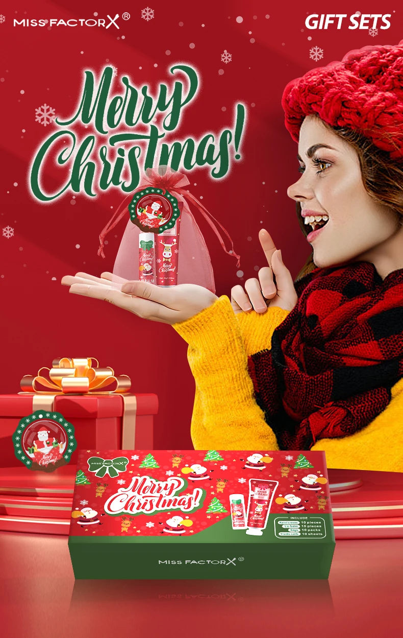 Christmas hand cream and lip balm gift set by Sacred Self Wellness with festive packaging and cheerful woman in red hat