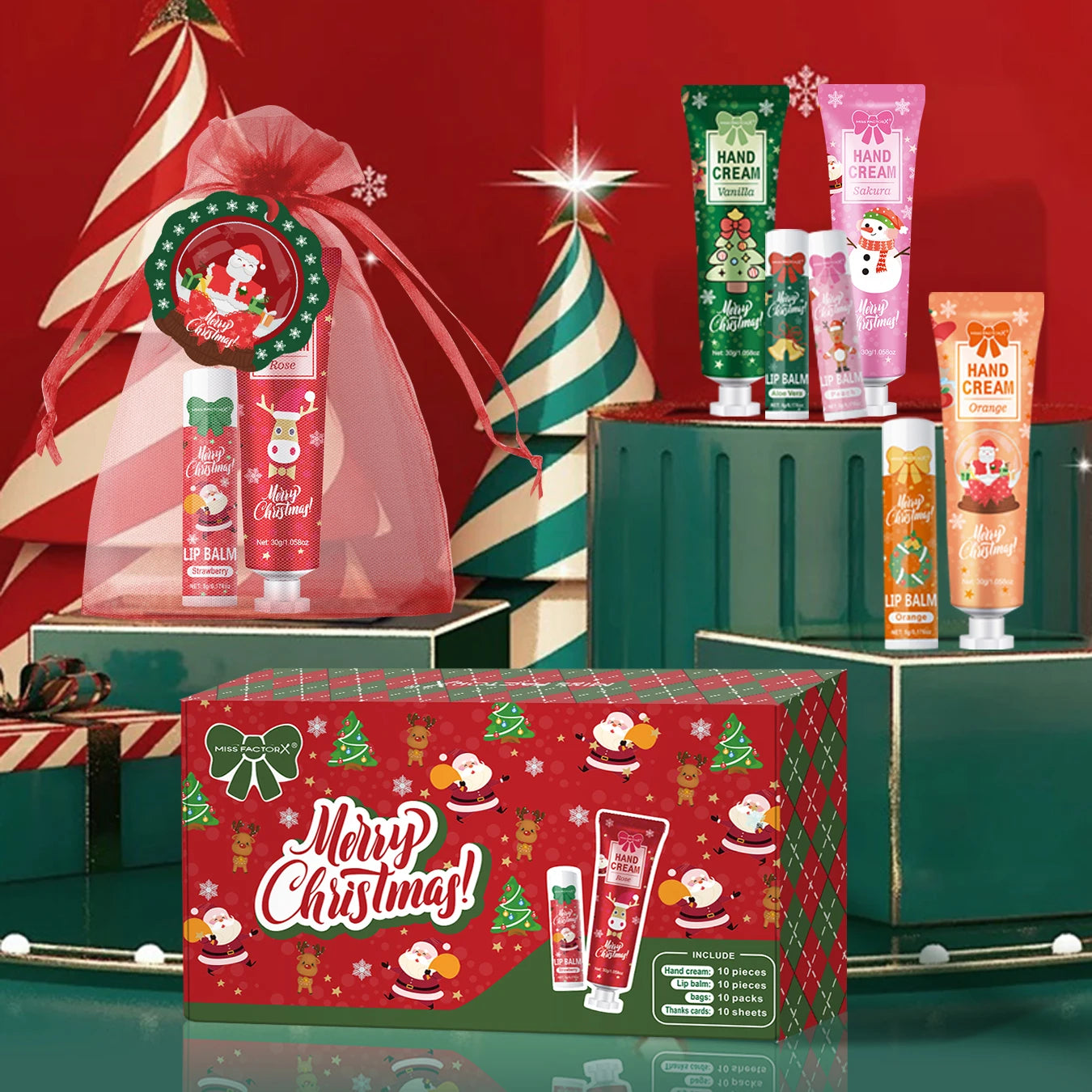 SACRED SELF WELLNESS Christmas hand cream and lip balm gift set with festive packaging and holiday-themed designs