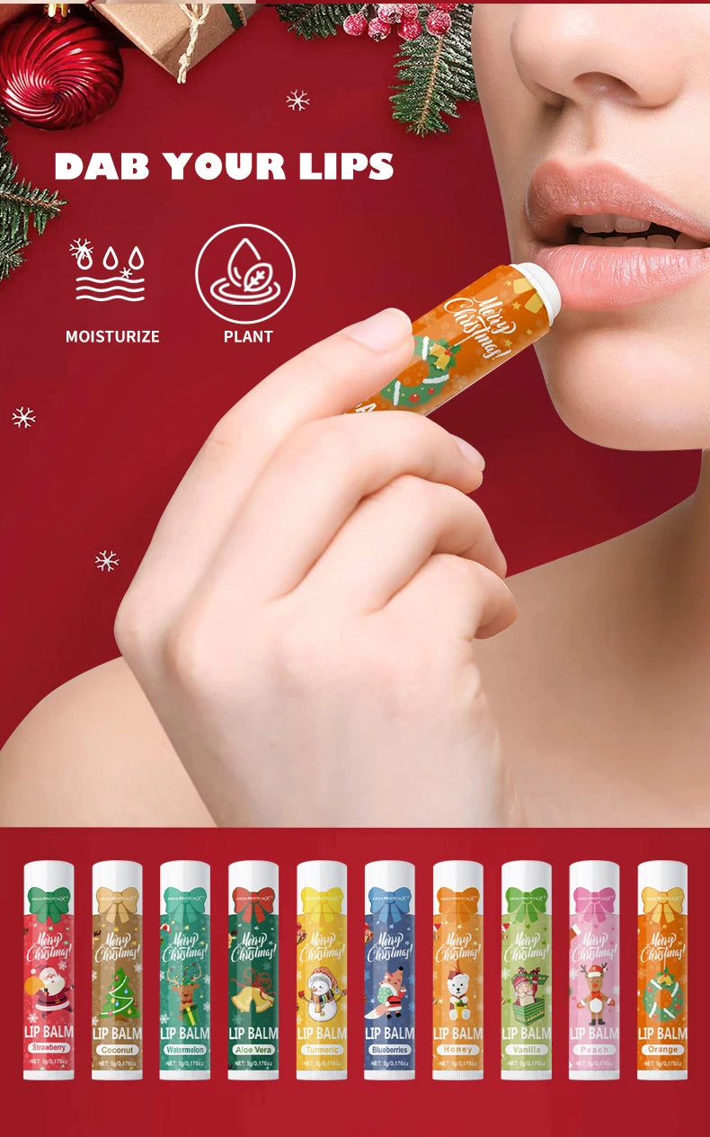 Christmas hand cream and lip balm gift set with moisturizing plant-based lip balms in festive packaging