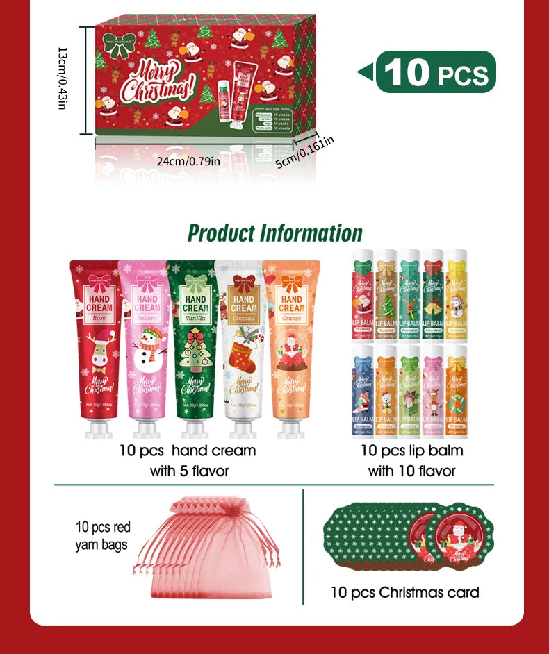 Christmas hand cream and lip balm gift set by Sacred Self Wellness with 10 hand creams and 10 lip balms in festive packaging
