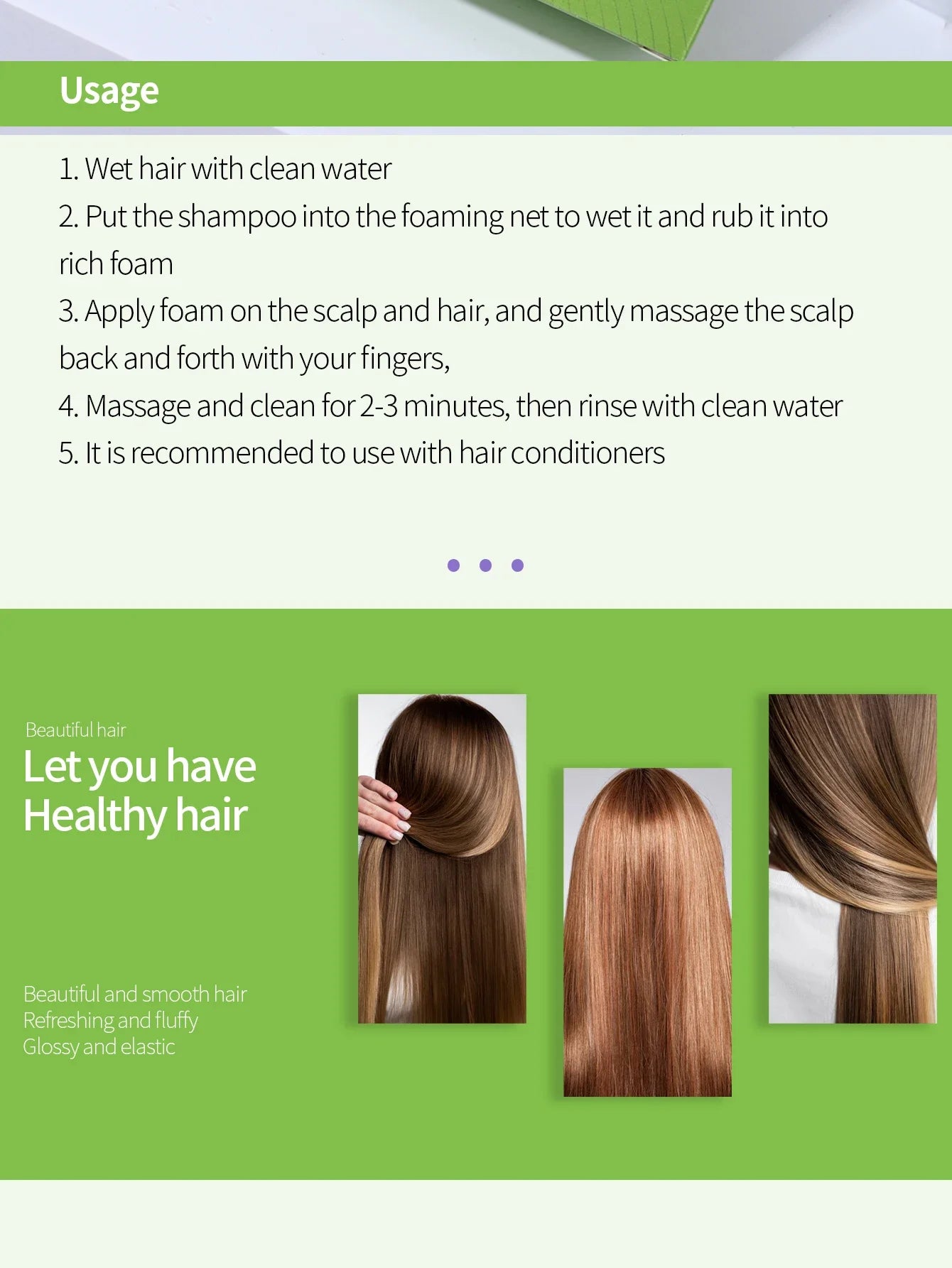 Usage instructions for natural honey shampoo with images showing healthy, smooth, and glossy hair
