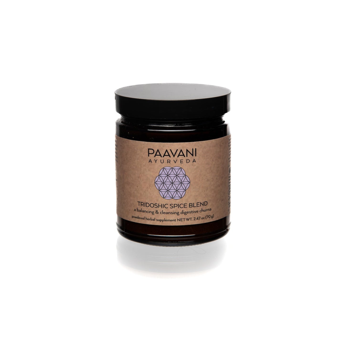 DC-PAAVANI Ayurveda tridoshic spice blend in dark glass jar with black lid and brown label