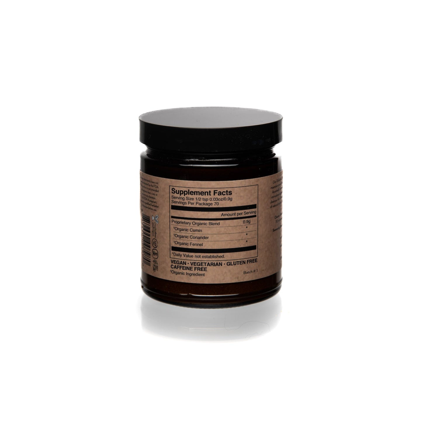 DC-PAAVANI Ayurveda jar of tridoshic spice blend with supplement facts label and black lid