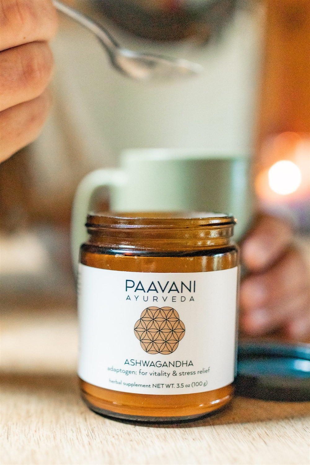 PAAVANI Ayurveda Ashwagandha Ayurvedic tonic for daily wellness in a brown glass jar with white label