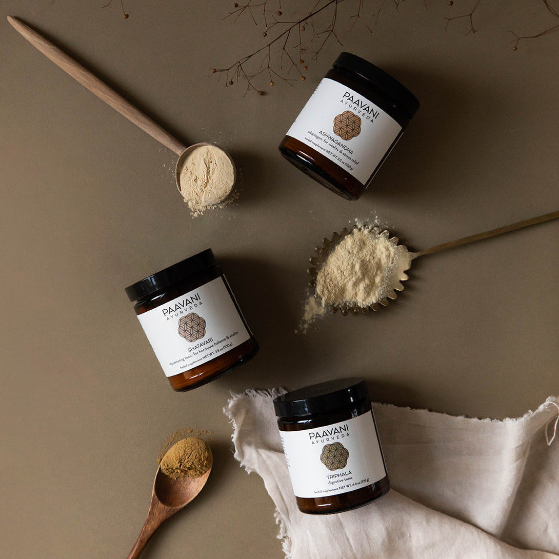 DC-PAAVANI Ayurveda Ayurvedic tonic for daily wellness in brown jars with powdered ingredients and wooden spoons