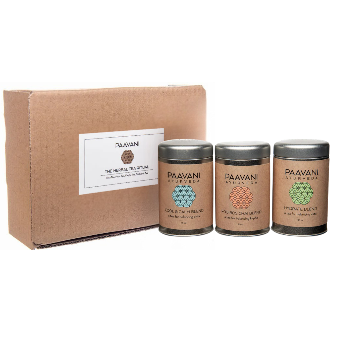 DC-PAAVANI Ayurveda herbal tea ritual set with three blends in metal tins and a brown box