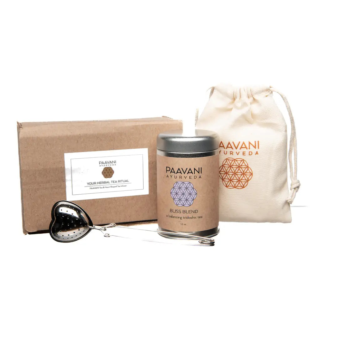 DC-PAAVANI Ayurveda organic loose leaf herbal tea set including tea tin, heart-shaped infuser, and branded pouch