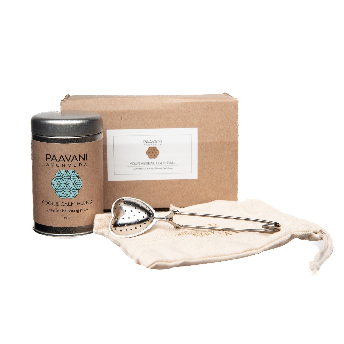 DC-PAAVANI Ayurveda organic loose leaf herbal tea Cool and Calm Blend with tea infuser and packaging box
