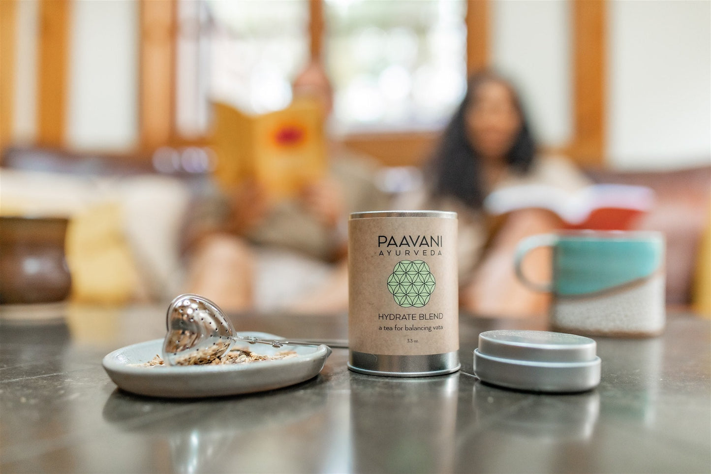 DC-PAAVANI Ayurveda organic loose leaf herbal tea Hydrate Blend in metal container with tea leaves and cup