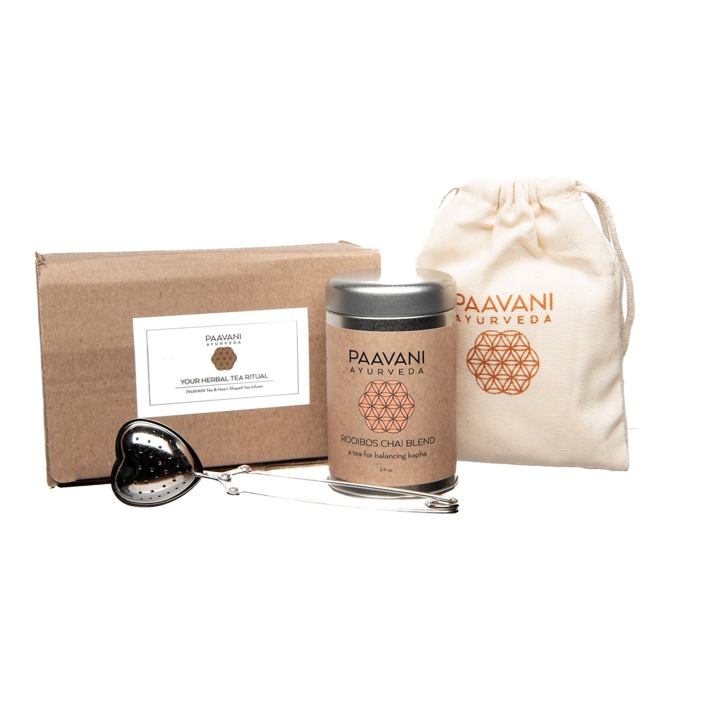DC-PAAVANI Ayurveda organic loose leaf herbal tea set with tin, heart-shaped infuser, and drawstring pouch