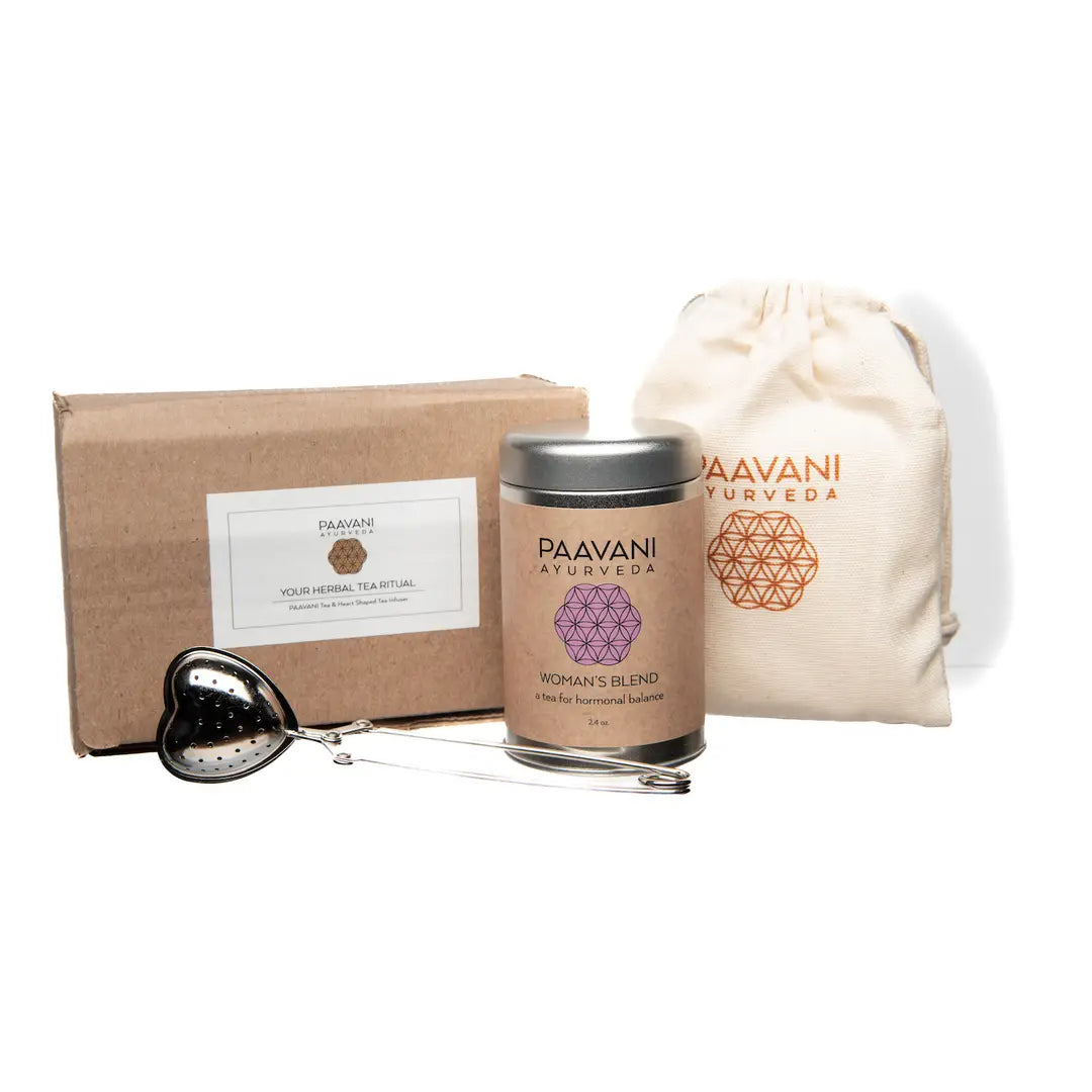 Paavani Ayurveda organic loose leaf herbal tea set with metal heart-shaped infuser and storage pouch