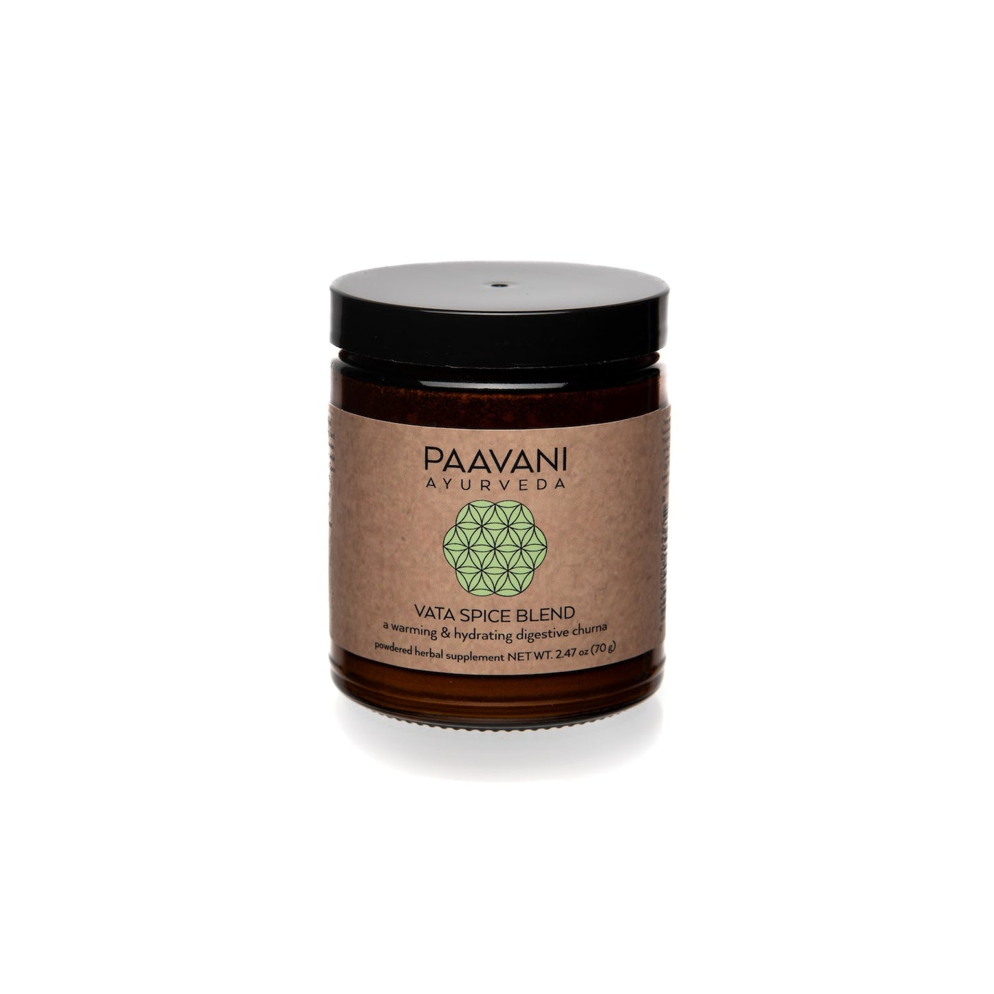 DC-PAAVANI Ayurveda Vata spice blend for digestion in amber jar with black lid and natural label