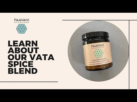 DC-PAAVANI Ayurveda Vata spice blend for digestion in a glass jar with black lid on gray background