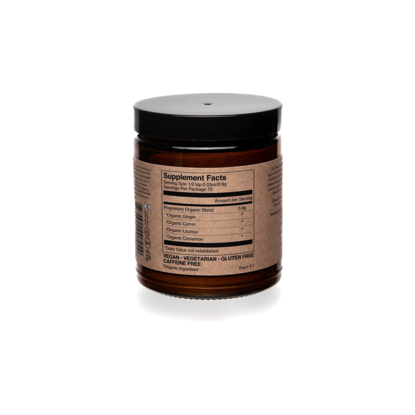 DC-PAAVANI Ayurveda Vata spice blend for digestion in brown glass jar with black lid and supplement facts label