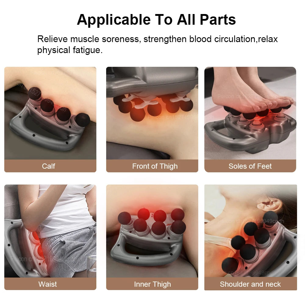 16-head massage gun targeting calf, thigh, feet, waist, inner thigh, shoulder, and neck for muscle relief