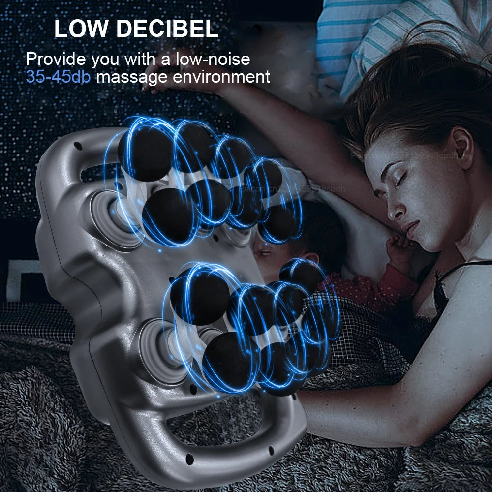 16-head massage gun providing low decibel 35-45db quiet massage for relaxing comfort