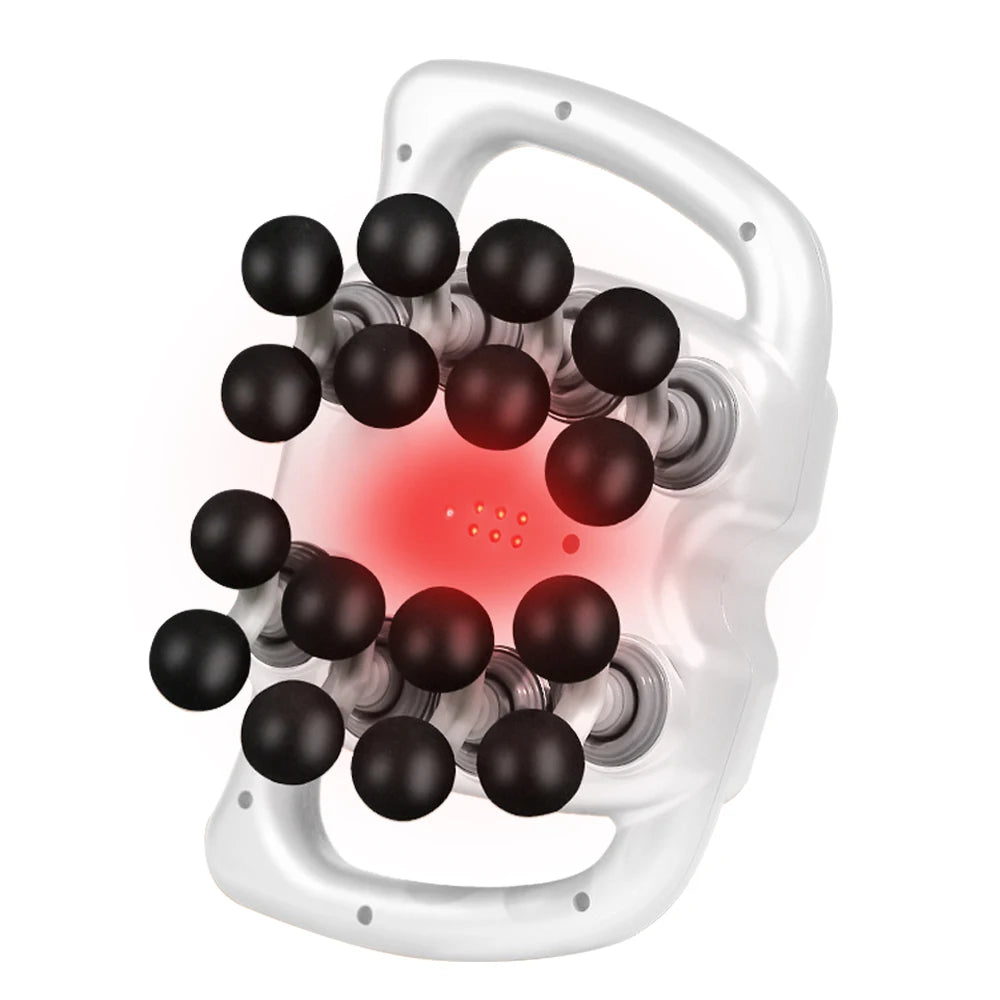 White 16-head massage gun with multiple black massage nodes and ergonomic handles for muscle relief