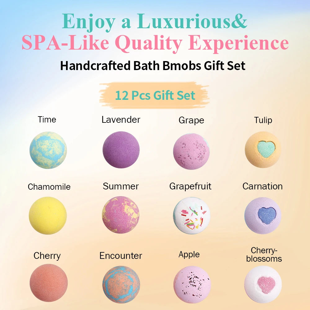 Handmade bath bomb gift set with 12 colorful scented bath bombs including lavender cherry grapefruit and more