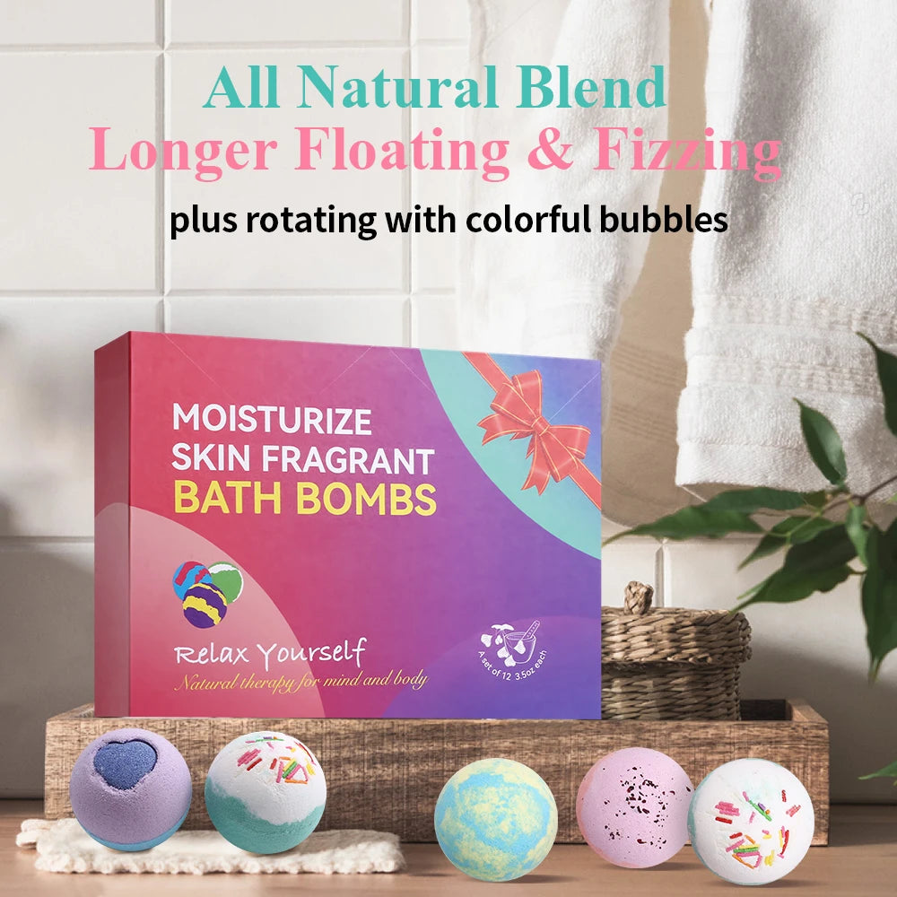Handmade bath bomb gift set with colorful bath bombs and moisturizing skin benefits in decorative box