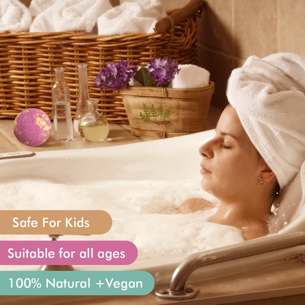 Relaxing woman in bathtub enjoying handmade bath bomb gift set with natural vegan ingredients