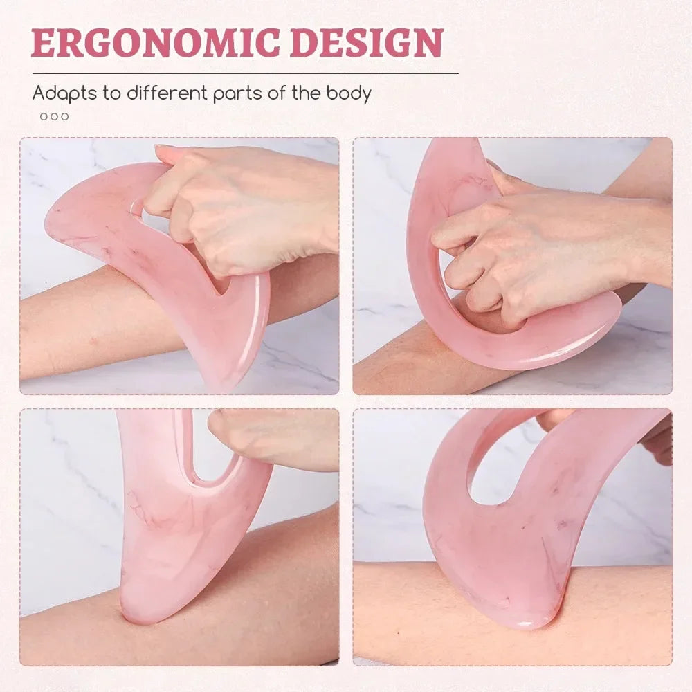 Sacred Self Wellness pink ergonomic gua sha massage tool used on different body parts for massage