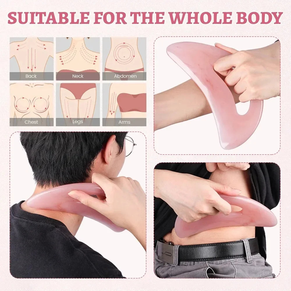 Sacred Self Wellness pink gua sha massage tool used on neck and back for whole body therapy