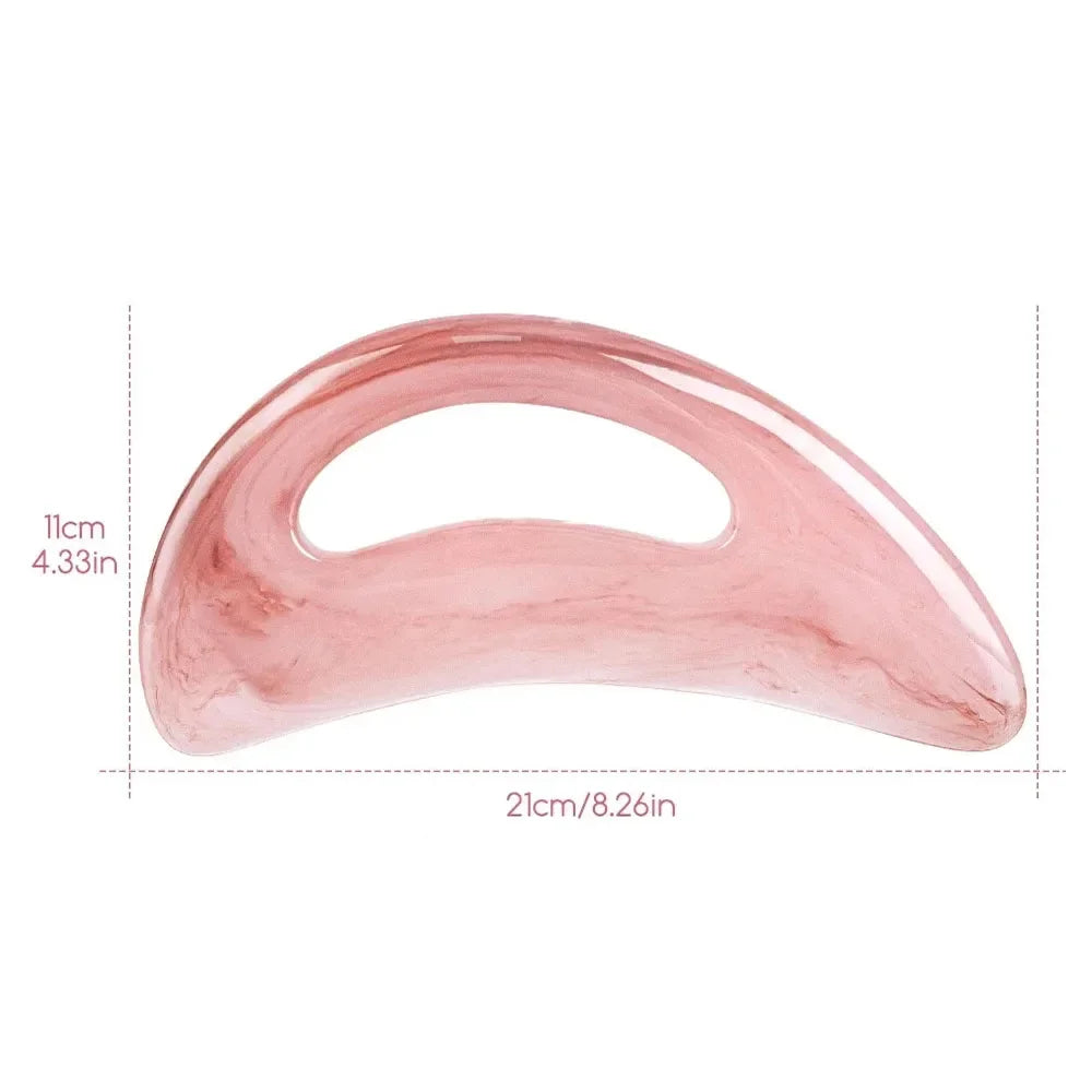 SACRED SELF WELLNESS pink stone gua sha massage tool with ergonomic curved design and dimensions