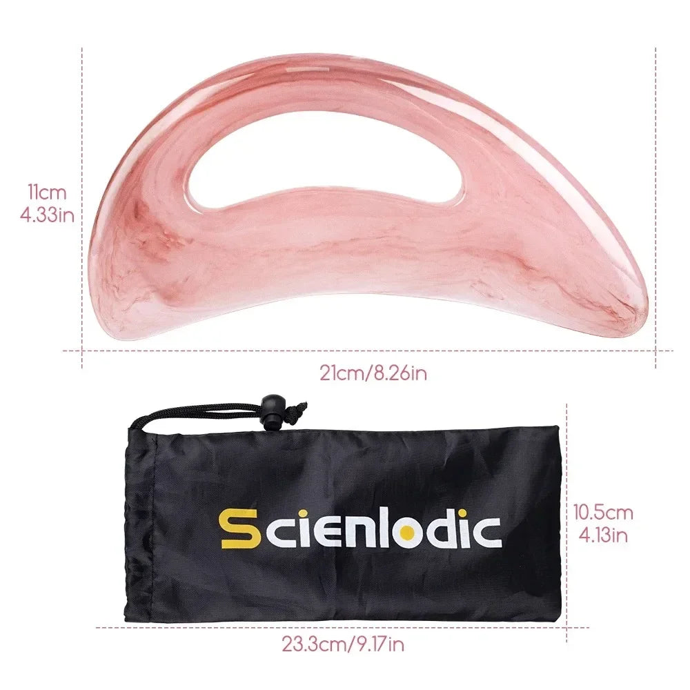 Rose quartz gua sha massage tool with ergonomic handle and black storage pouch