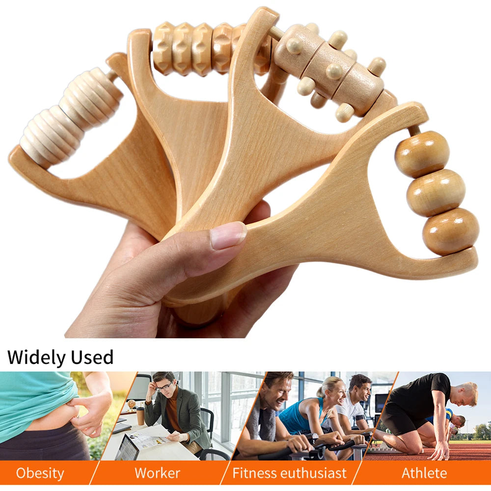 SACRED SELF WELLNESS wooden handheld massage roller set with different textured rollers for muscle relief