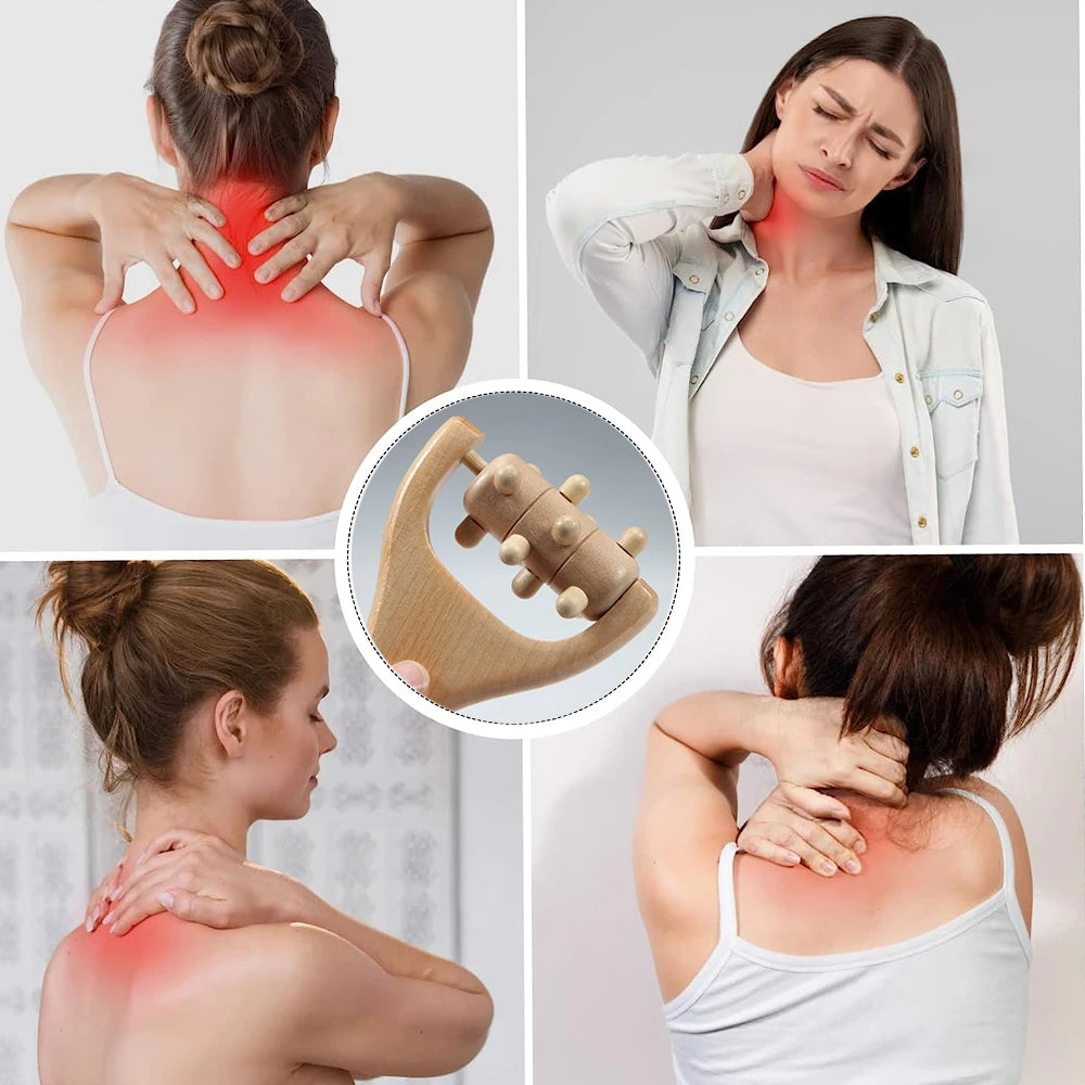 Wooden handheld massage roller by SACRED SELF WELLNESS used for neck and shoulder pain relief