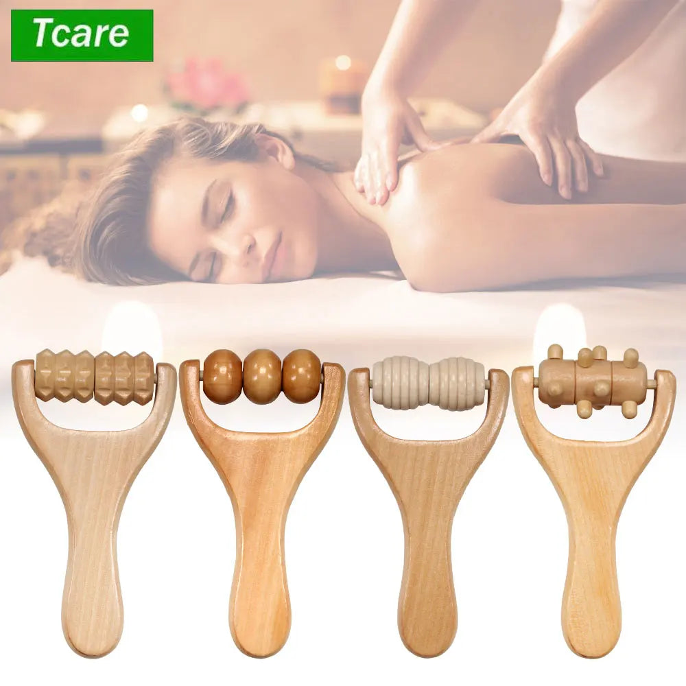 Set of wooden handheld massage roller tools with different textured rollers for body relaxation and muscle relief