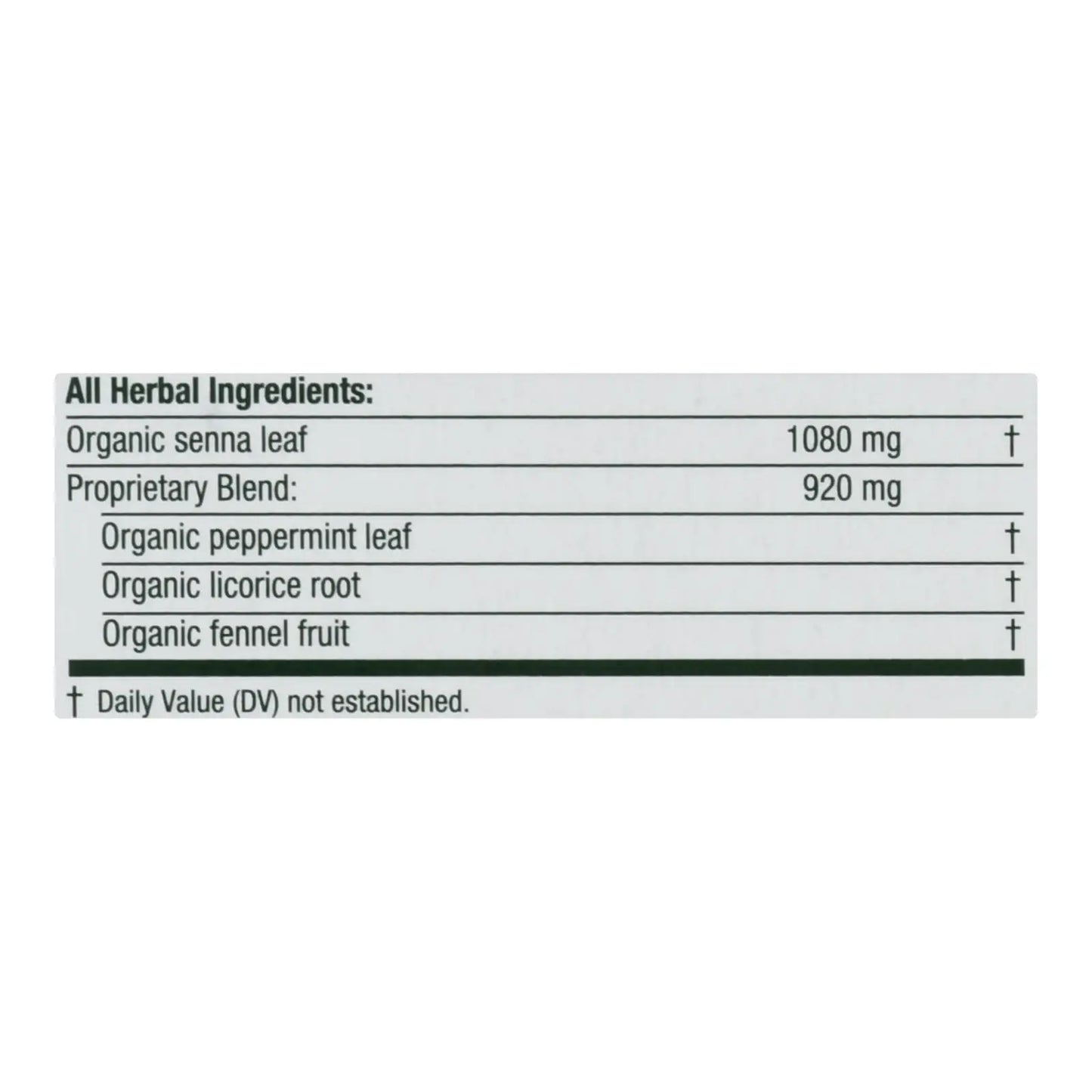Ingredient label of organic peppermint laxative tea showing organic senna leaf and peppermint leaf