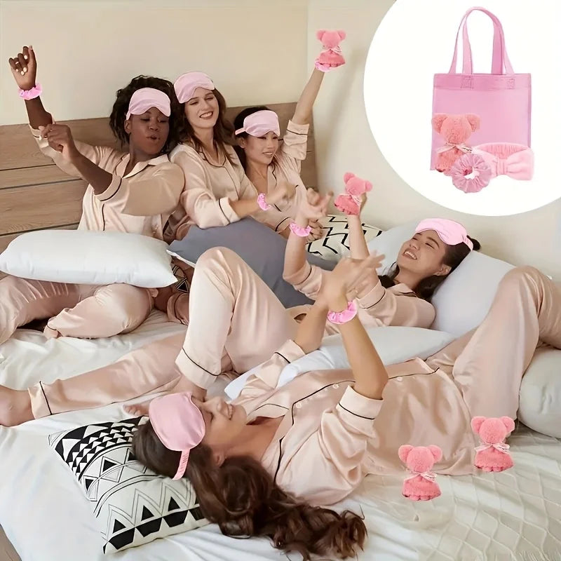 Women relaxing in pajamas using pink spa gift set for women accessories including eye masks and scrunchies