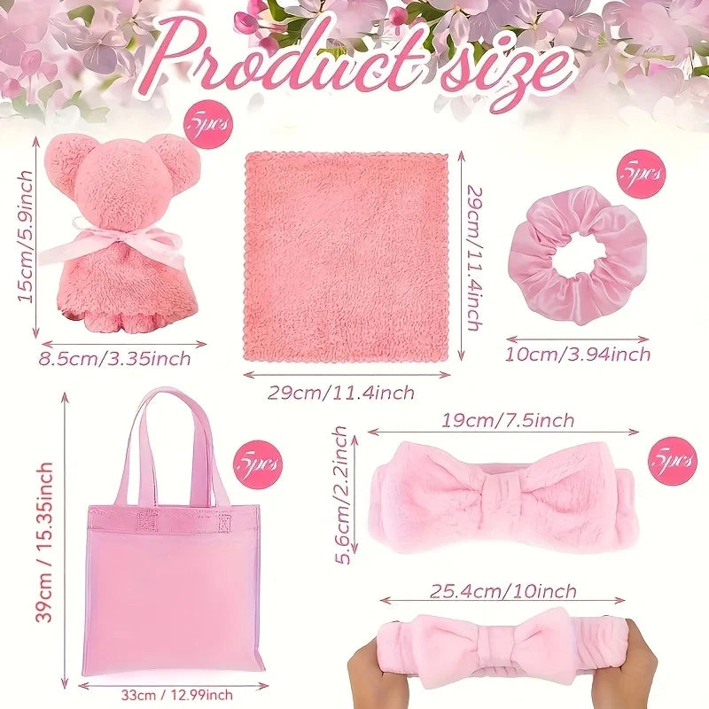 Spa gift set for women with pink towel, scrunchie, headband, bear-shaped towel, and reusable bag