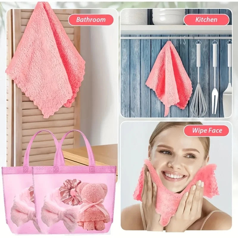 Spa gift set for women featuring soft pink microfiber towels for bathroom and kitchen use with reusable storage bags
