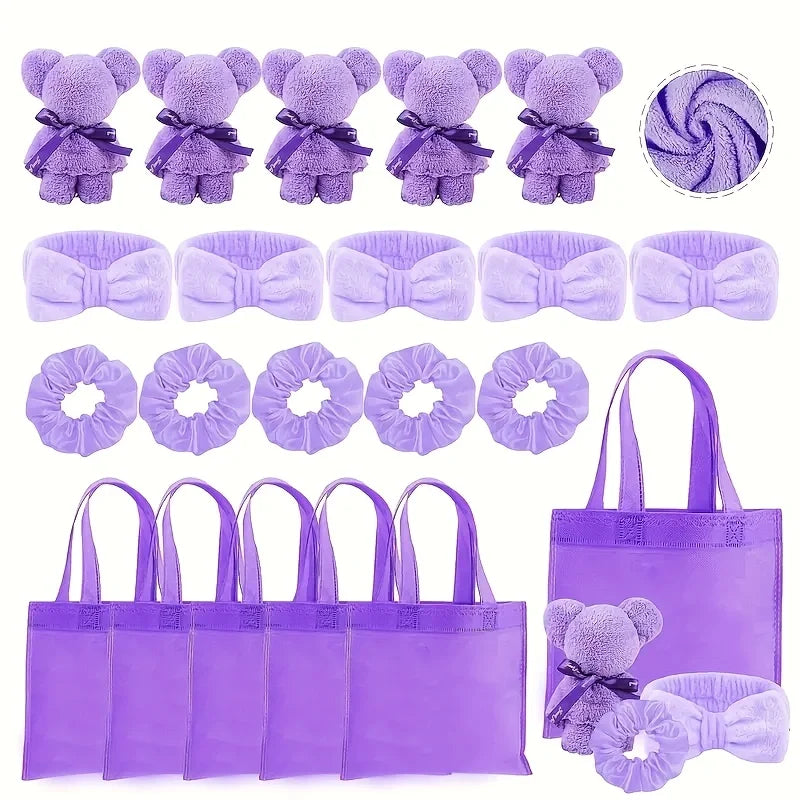 Purple spa gift set for women with plush bear, headbands, scrunchies, and reusable tote bags