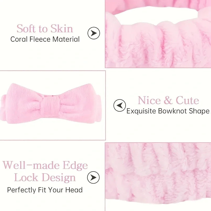 Pink coral fleece spa gift set for women headband with bowknot shape and elastic edge lock design