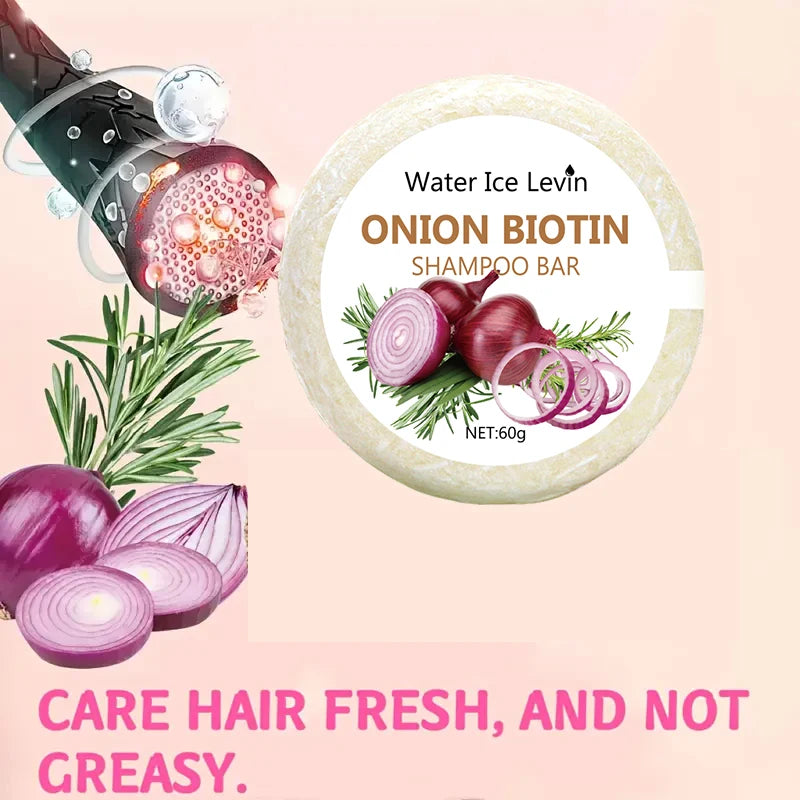 Sacred Self Wellness onion biotin shampoo bar with fresh onion and rosemary graphic for hair care