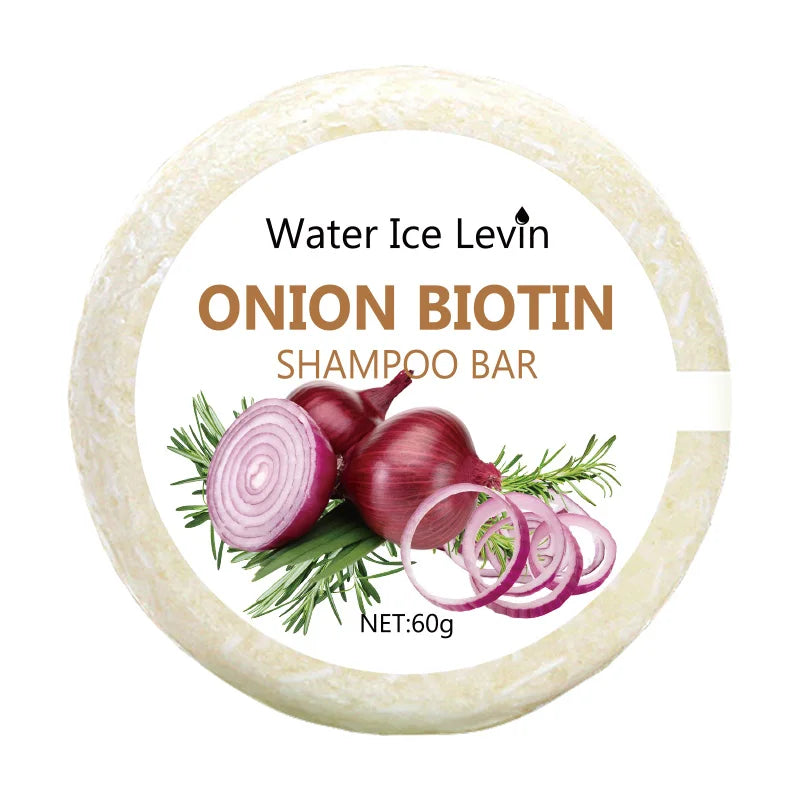 Water Ice Levin onion biotin shampoo bar featuring red onions and rosemary for hair care