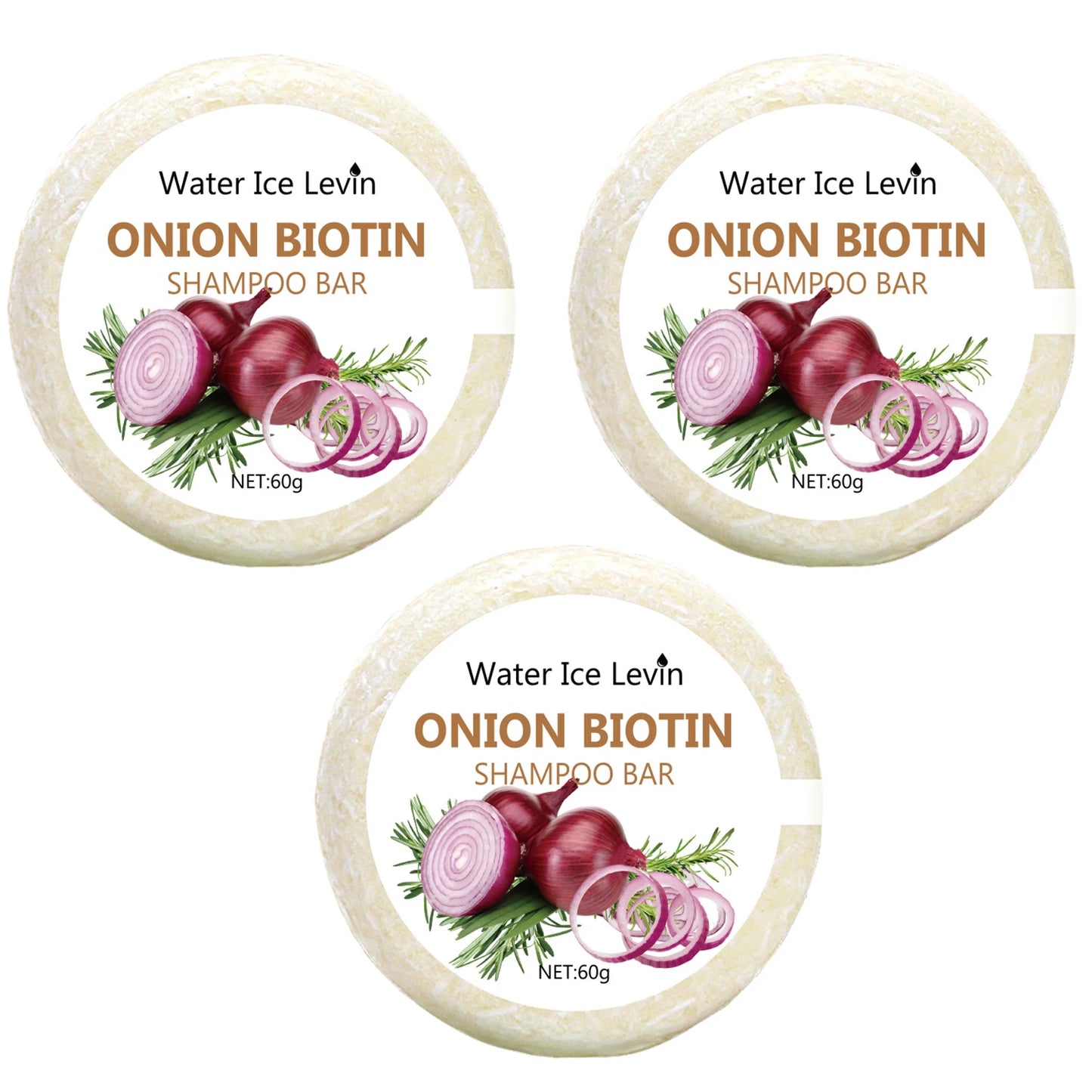 Three Water Ice Levin onion biotin shampoo bar packages with red onion and rosemary images on label